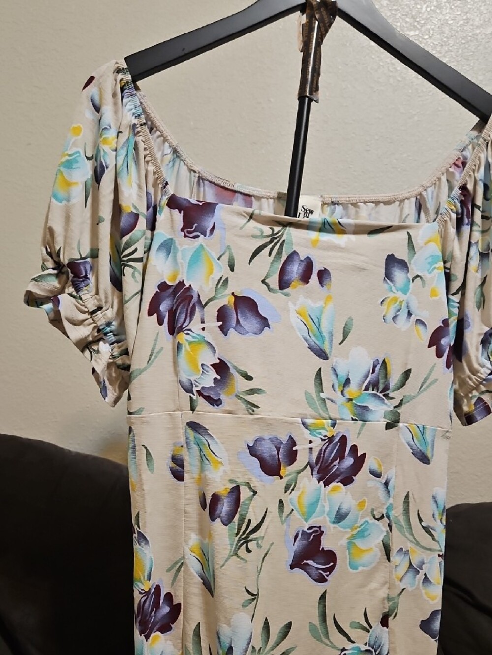 Sew In Love Cream Floral Off-Shoulder Blouse with Purple & Blue Flowers - Picture 3 of 10